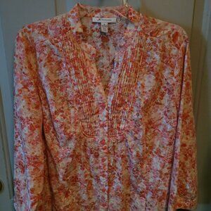 JM Collection Pretty Pink & Orange Floral Pleated Button Down Top Misses 14